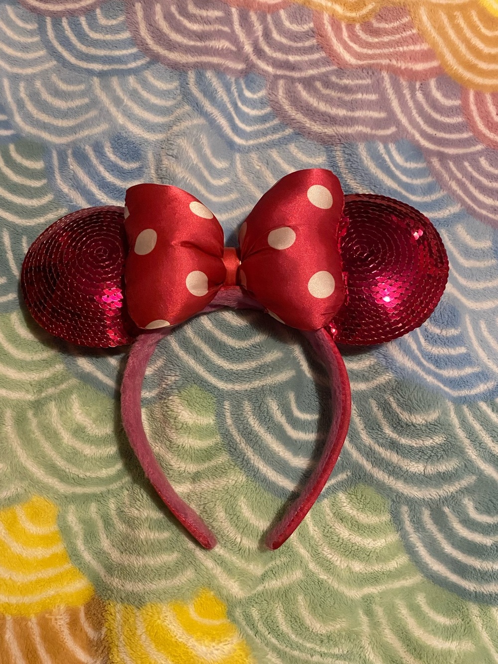 Authentic Pink Sequin Minnie-Style Headband with Polka Dot Bow